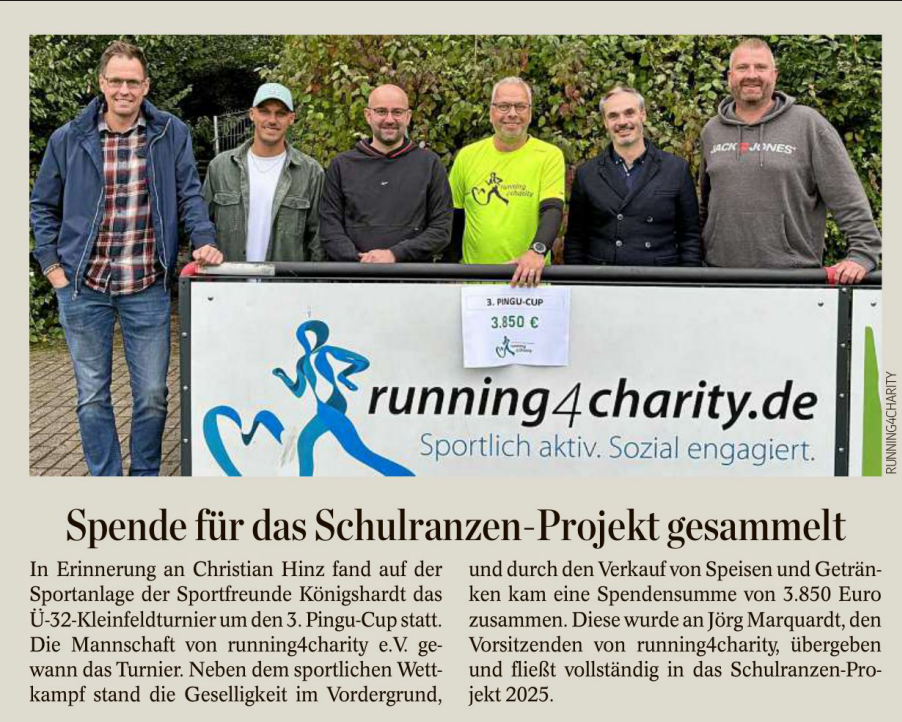 Zur Erinnerung an Christian Hinz wurde der 3. Pingu-Cup ausgetragen. Dabei wurden Spenden in Höhe von 3.850 € für running4charity e.V. gesammelt.