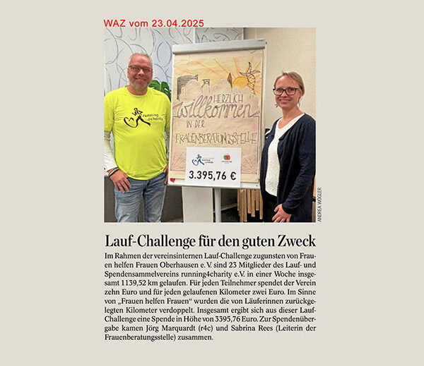 Spendenübergabe nach erfolgreicher Laufchallenge für Frauenberatung Oberhausen durch running4charity