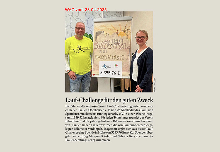 Spendenübergabe nach erfolgreicher Laufchallenge für Frauenberatung Oberhausen durch running4charity